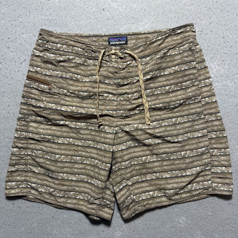 Patagonia Board Shorts 34 Brown Geometric Striped Swim Trunks Nylon Drawstring